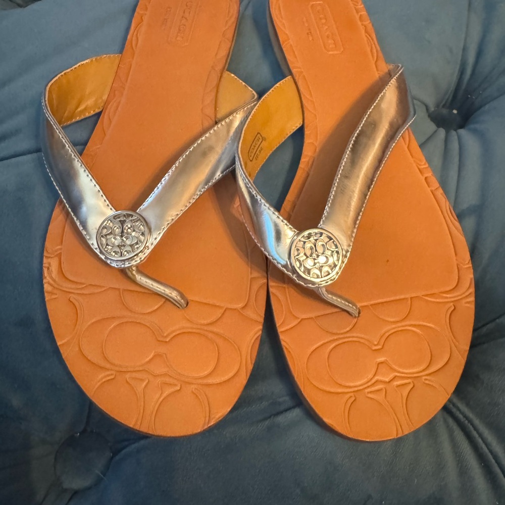 Coach “Sara” silver thong sandal